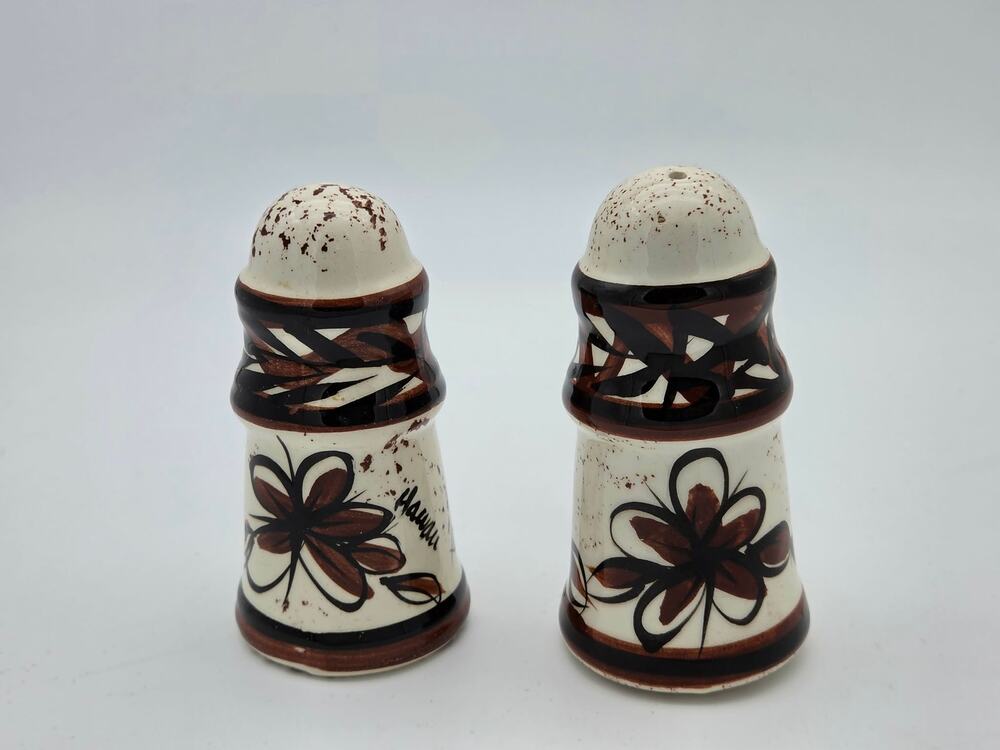 Vintage MCM Brown White Floral Ceramic Salt & Pepper Shakers Hawaii
